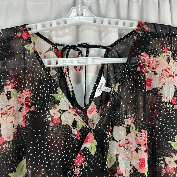 Candies Womens Large Flutter Sleeve Sheer Floral Blouse Black Pink Tie Back - Picture 3 of 7